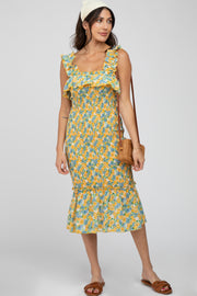 Yellow Multi Color Floral Smocked Fitted Midi Dress