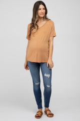 Camel V-Neck Short Sleeve Maternity Top