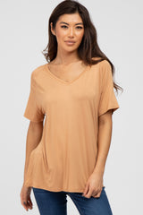 Camel V-Neck Short Sleeve Maternity Top