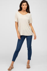 Beige V-Neck Short Sleeve Top