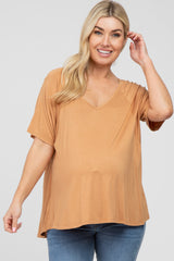 Camel Basic Raglan Short Sleeve Maternity Top