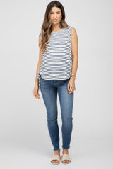 Navy Striped Sleeveless Ruched Maternity Top