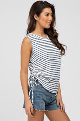 Navy Striped Sleeveless Ruched Top