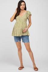 Light Olive Floral Smocked Maternity Blouse