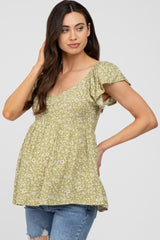 Light Olive Floral Smocked Maternity Blouse