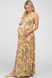 Yellow Floral Paisely Side Slit Maternity Maxi Dress