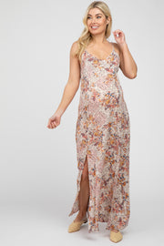 Beige Floral Paisely Side Slit Maternity Maxi Dress