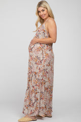 Beige Floral Paisely Side Slit Maternity Maxi Dress