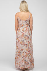 Beige Floral Paisely Side Slit Maternity Maxi Dress