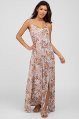 Beige Floral Paisely Side Slit Maternity Maxi Dress