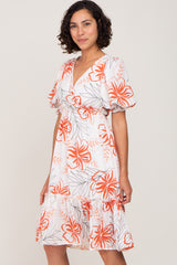 Ivory Tropical Floral Printed Wrap Front Ruffle Hem Midi Dress