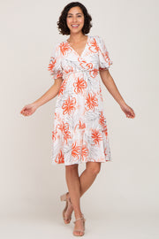 Ivory Tropical Floral Printed Wrap Front Ruffle Hem Midi Dress