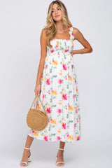 White Floral Smocked Maternity Maxi Dress