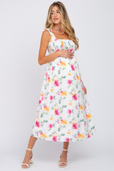 White Floral Smocked Maternity Maxi Dress