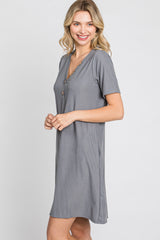 Grey Ribbed Button Accent Dress