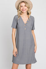 Grey Ribbed Button Accent Dress