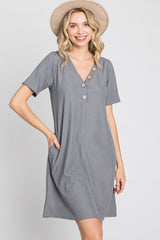 Grey Ribbed Button Accent Dress