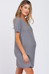 Grey Ribbed Button Accent Maternity Dress