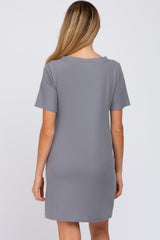 Grey Ribbed Button Accent Maternity Dress