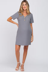 Grey Ribbed Button Accent Maternity Dress