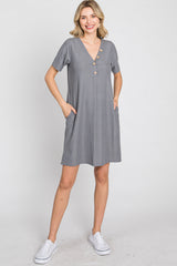 Grey Ribbed Button Accent Dress