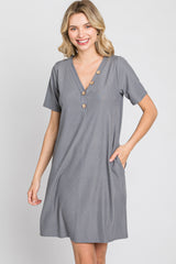 Grey Ribbed Button Accent Dress