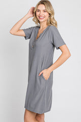 Grey Ribbed Button Accent Dress