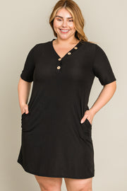 Black Ribbed Button Accent Plus Dress