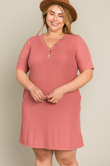 Mauve Ribbed Button Accent Maternity Plus Dress