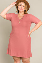 Mauve Ribbed Button Accent Plus Dress