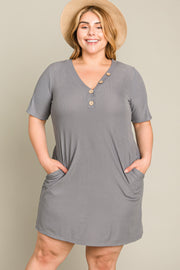 Grey Ribbed Button Accent Plus Dress