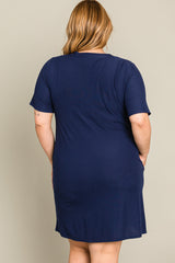 Navy Ribbed Button Accent Plus Dress