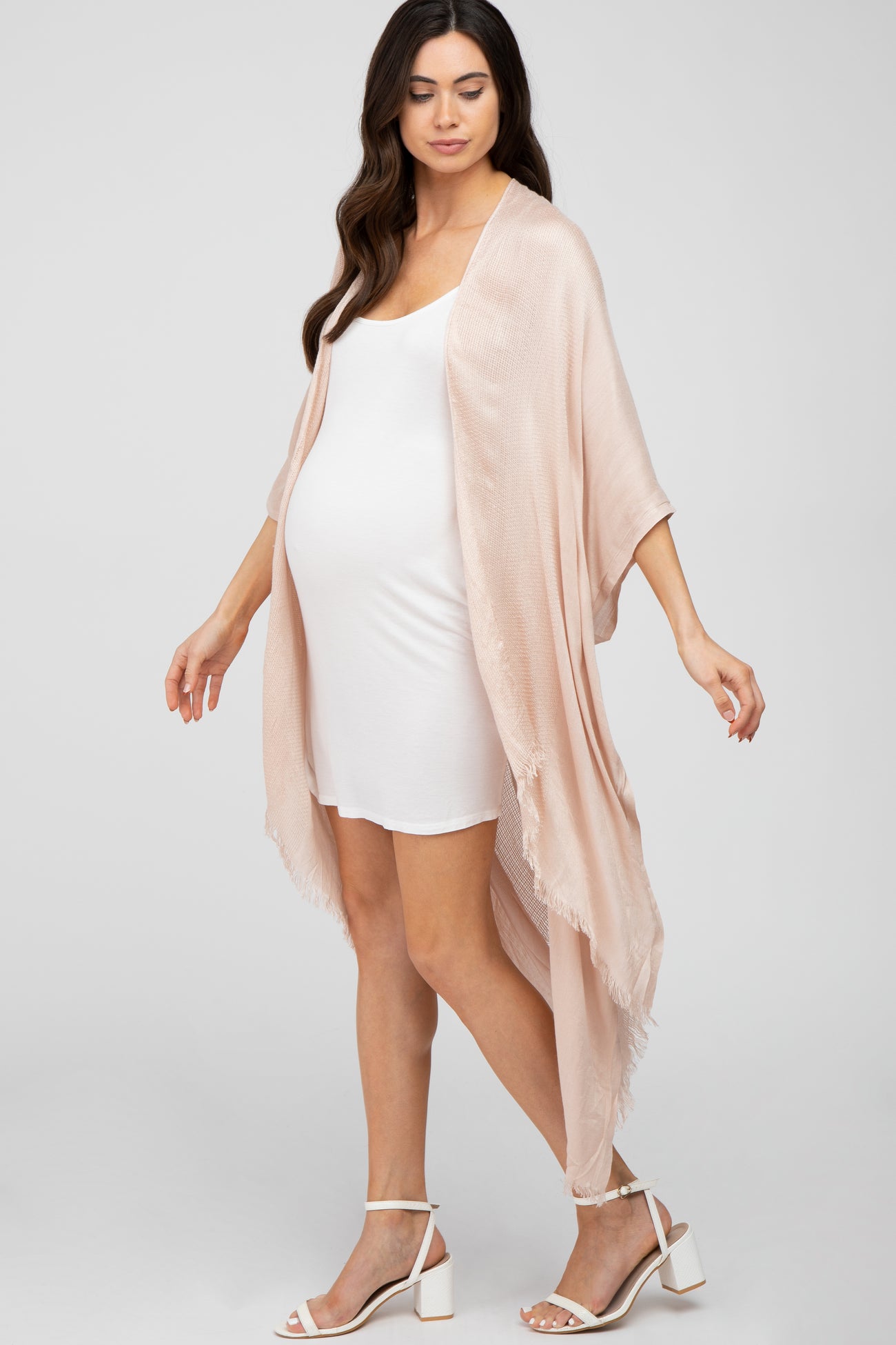 Beige Lightweight Fringe Hem Hi-Low Maternity Kimono– PinkBlush