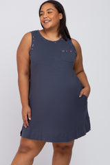 Navy Floral Trim Plus Maternity Shift Dress