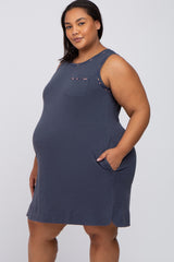 Navy Floral Trim Plus Maternity Shift Dress