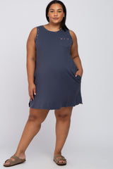 Navy Floral Trim Plus Maternity Shift Dress