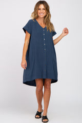 Navy Linen Button Front Dress