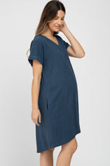 Navy Linen Button Front Maternity Dress