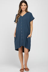 Navy Linen Button Front Maternity Dress