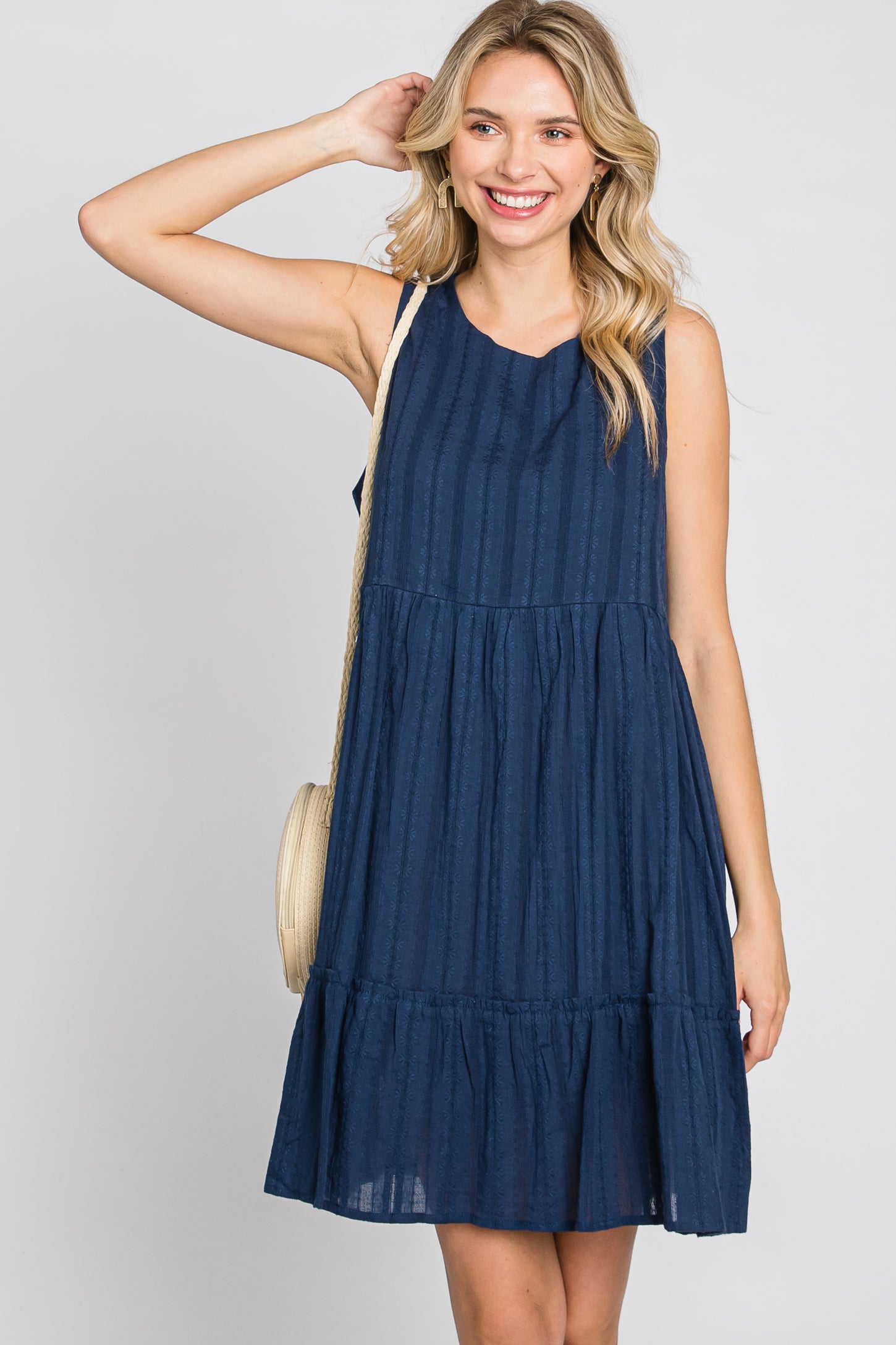 Navy Blue Jacquard Tiered Dress – PinkBlush