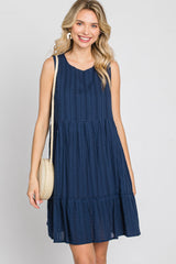 Navy Blue Jacquard Tiered Dress