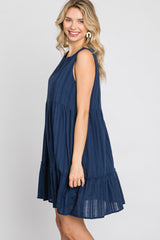 Navy Blue Jacquard Tiered Dress