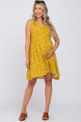 Mustard Floral Sleeveless Button Down Maternity Dress