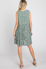 Light Olive Floral Sleeveless Button Down Dress