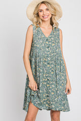 Light Olive Floral Sleeveless Button Down Dress