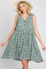 Light Olive Floral Sleeveless Button Down Dress