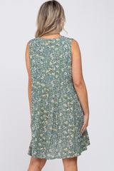 Light Olive Floral Sleeveless Button Down Maternity Dress