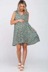 Light Olive Floral Sleeveless Button Down Maternity Dress