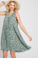 Light Olive Floral Sleeveless Button Down Maternity Dress