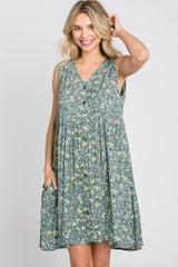 Light Olive Floral Sleeveless Button Down Dress